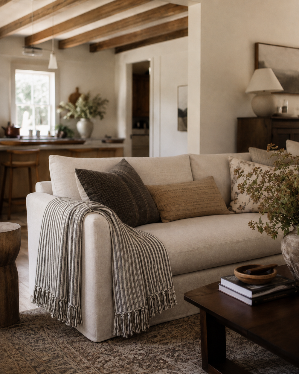 Cream & Olive Striped Cotton Throw