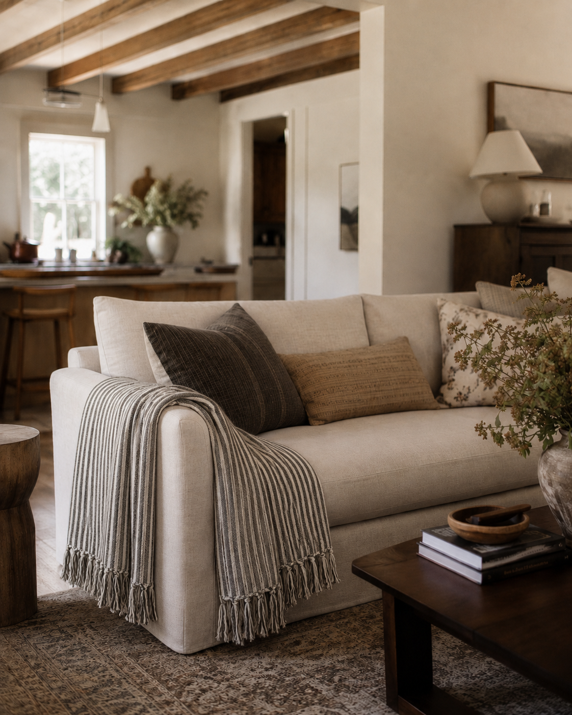 Cream & Olive Striped Cotton Throw