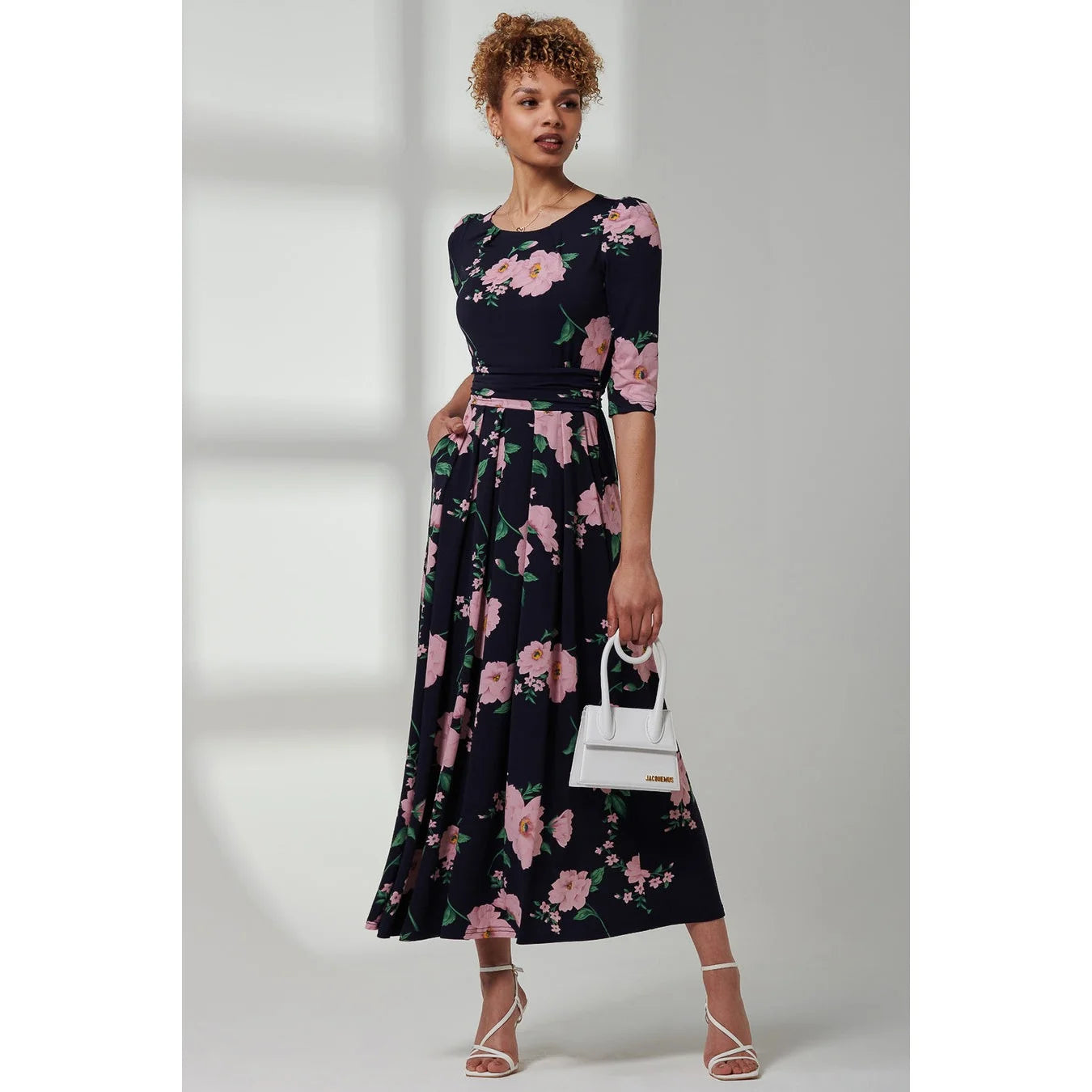 Jolie Moi Navy Round Neck Navy Blue Pink Floral 3/4 Sleeve Dress