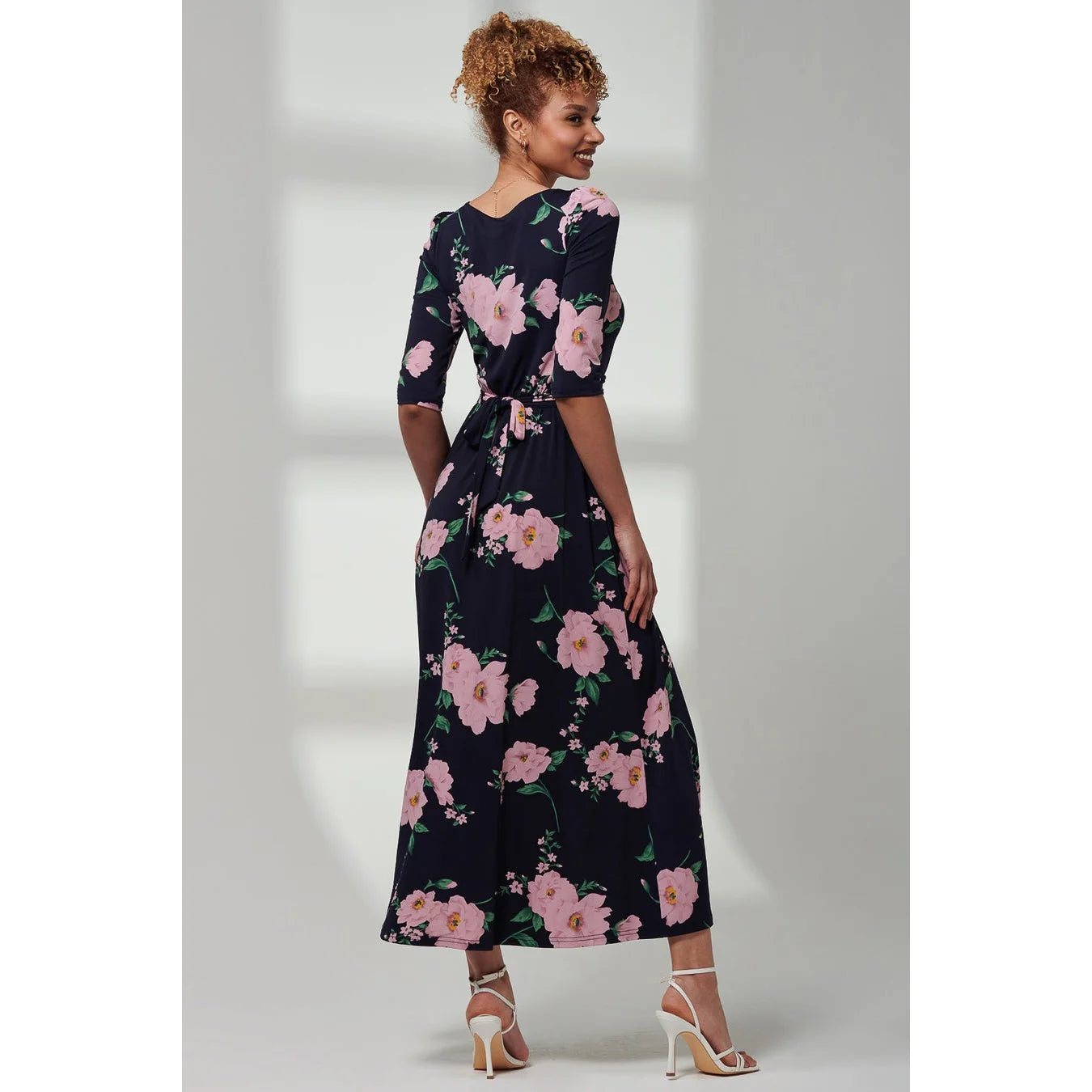 Jolie Moi Navy Round Neck Navy Blue Pink Floral 3/4 Sleeve Dress