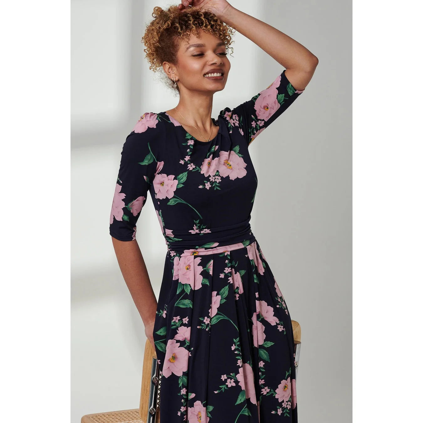 Jolie Moi Navy Round Neck Navy Blue Pink Floral 3/4 Sleeve Dress