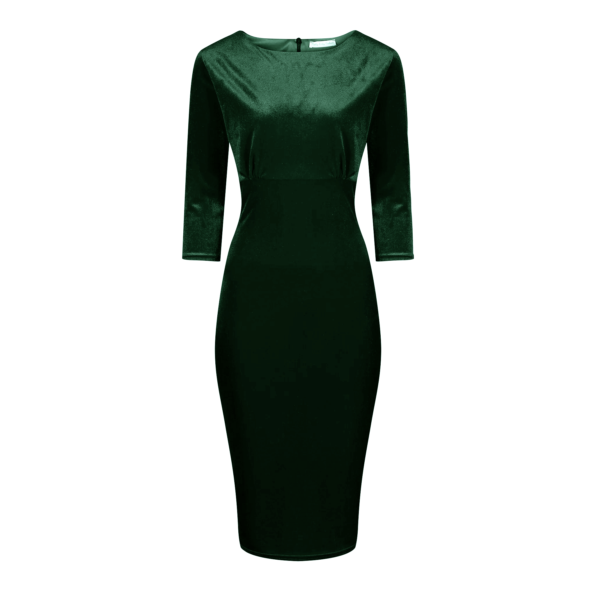 Green Velour Boatneck 3/4 Sleeve Bodycon Gathered Waist Wiggle Dress