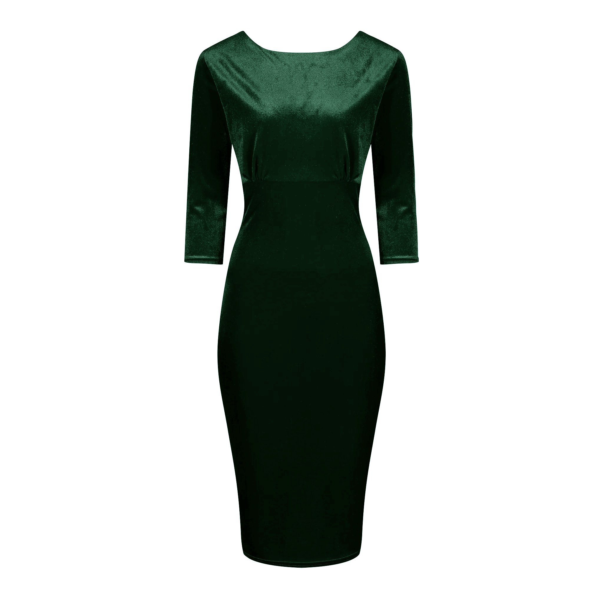 Green Velour Boatneck 3 4 Sleeve Bodycon Gathered Waist Wiggle Dress Pretty Kitty Fashion
