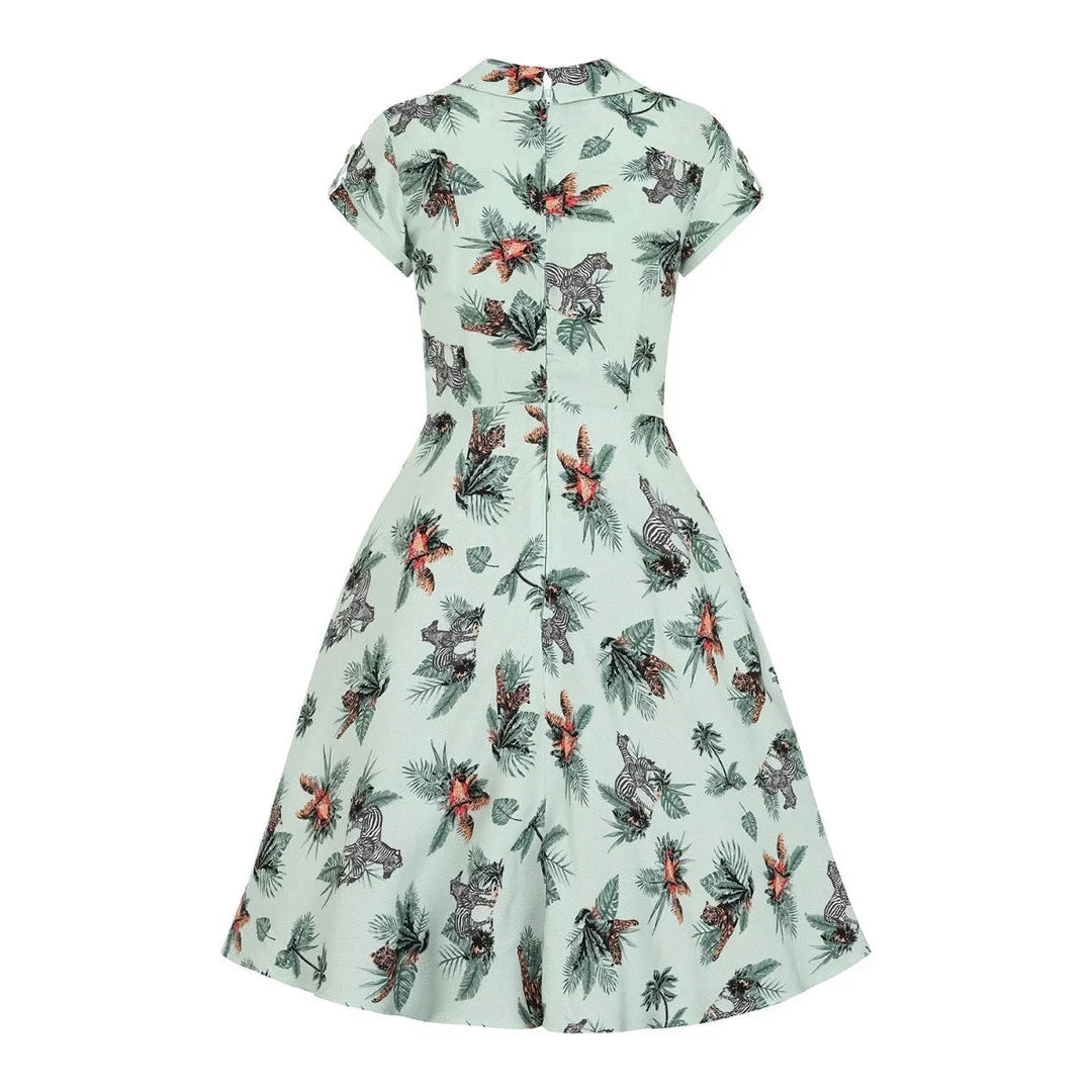 Summer Green Safari Animal Print Tea Dress with Button Detail