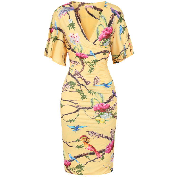 Yellow Bird Print Butterfly Sleeve Slinky Pencil Cocktail Dress