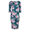 Teal Green and Pink Floral 3/4 Sleeve Bodycon Pencil Wiggle Dress