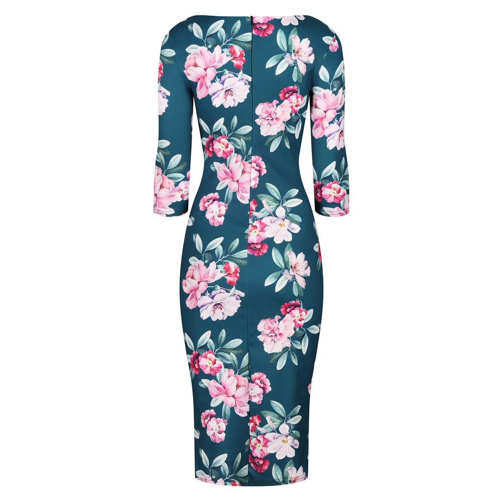 Teal Green and Pink Floral 3/4 Sleeve Bodycon Pencil Wiggle Dress