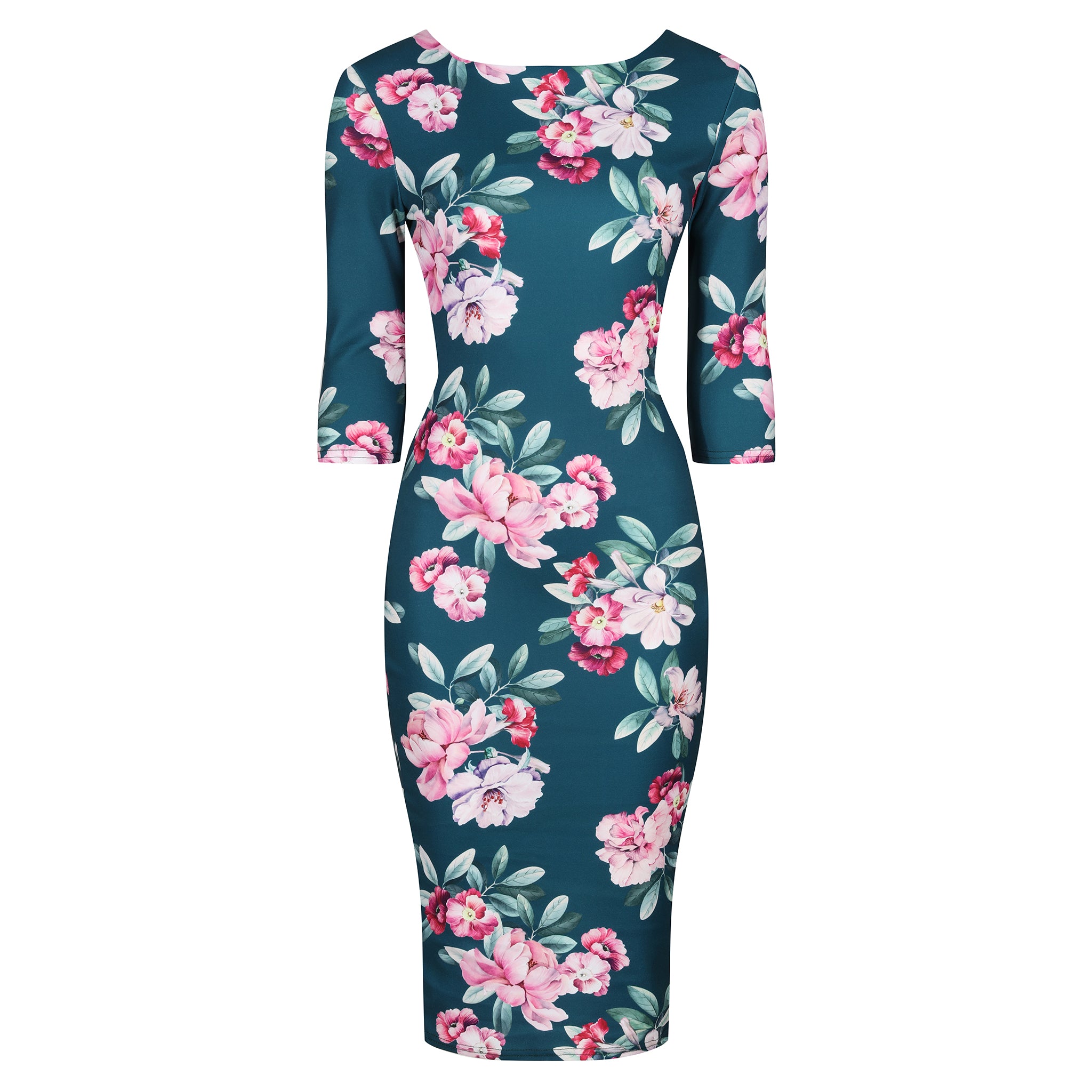 Teal Green and Pink Floral 3/4 Sleeve Bodycon Pencil Wiggle Dress