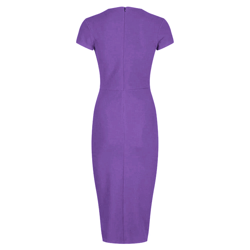 Lilac Deep V Neck Cap Sleeve Ruched Waist Bodycon Wiggle Dress