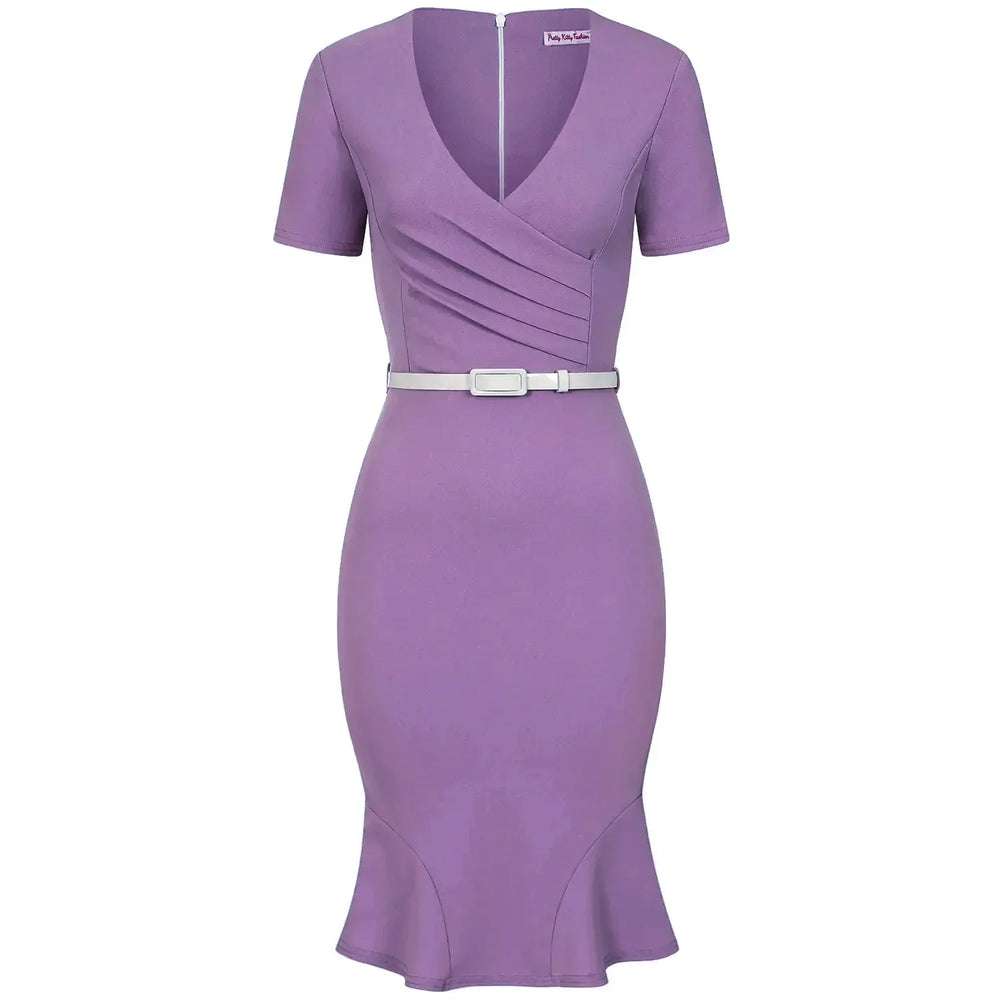 Lilac Pleated Wrap Top Short Sleeve Pencil Wiggle Dress With Fluted Hem & Belt