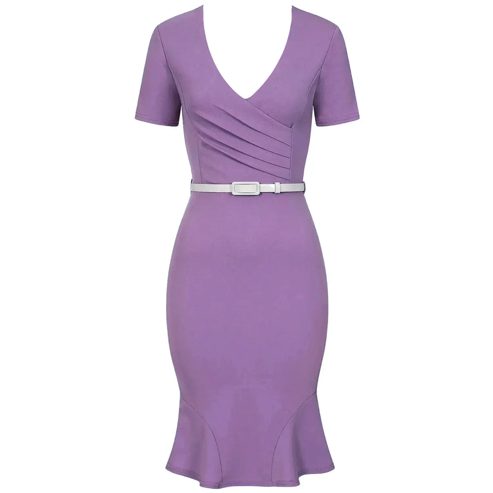 Lilac Pleated Wrap Top Short Sleeve Pencil Wiggle Dress With Fluted Hem & Belt