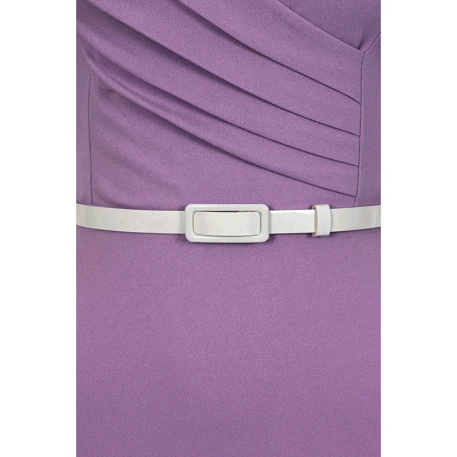 Lilac Pleated Wrap Top Short Sleeve Pencil Wiggle Dress With Fluted Hem & Belt