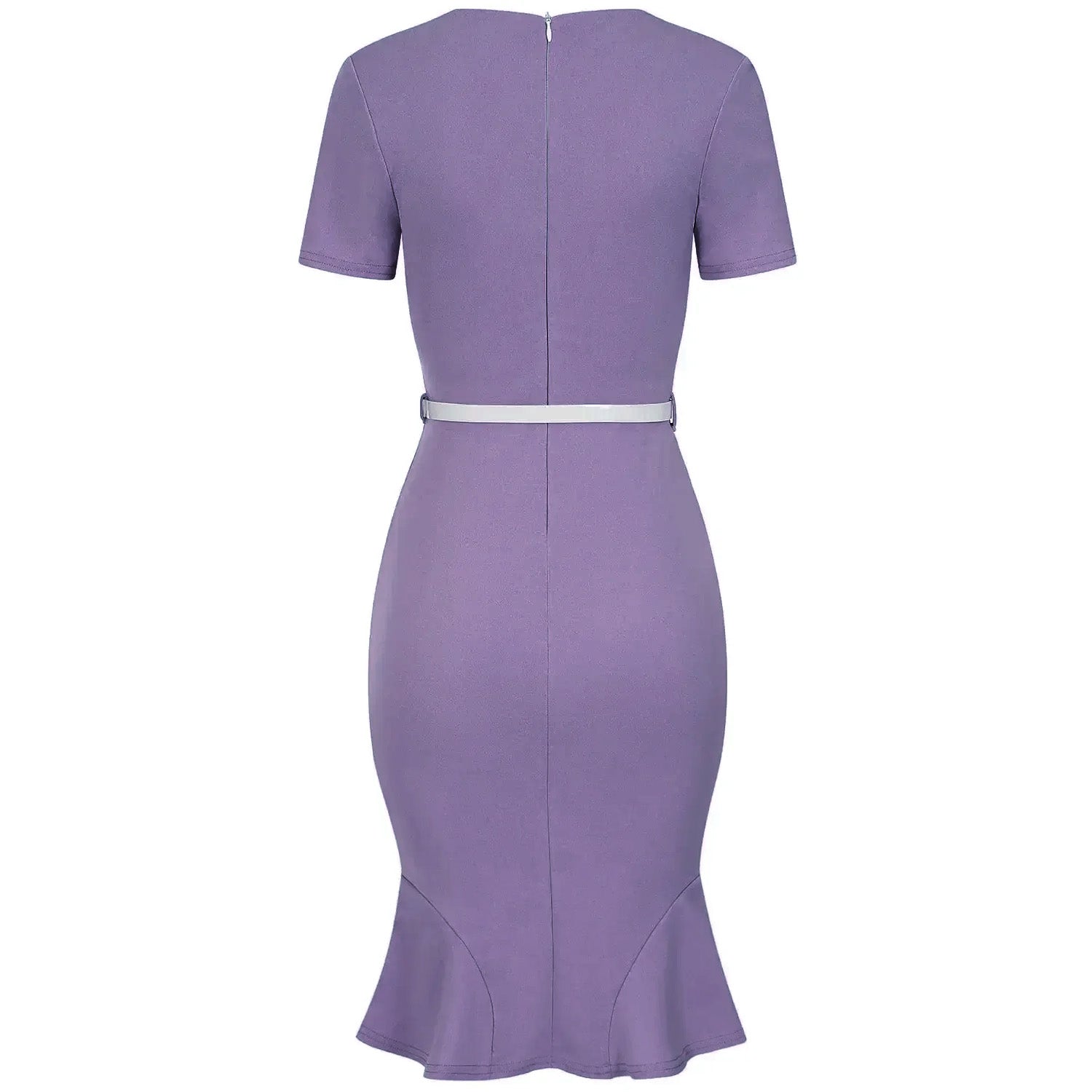 Lilac Pleated Wrap Top Short Sleeve Pencil Wiggle Dress With Fluted Hem & Belt