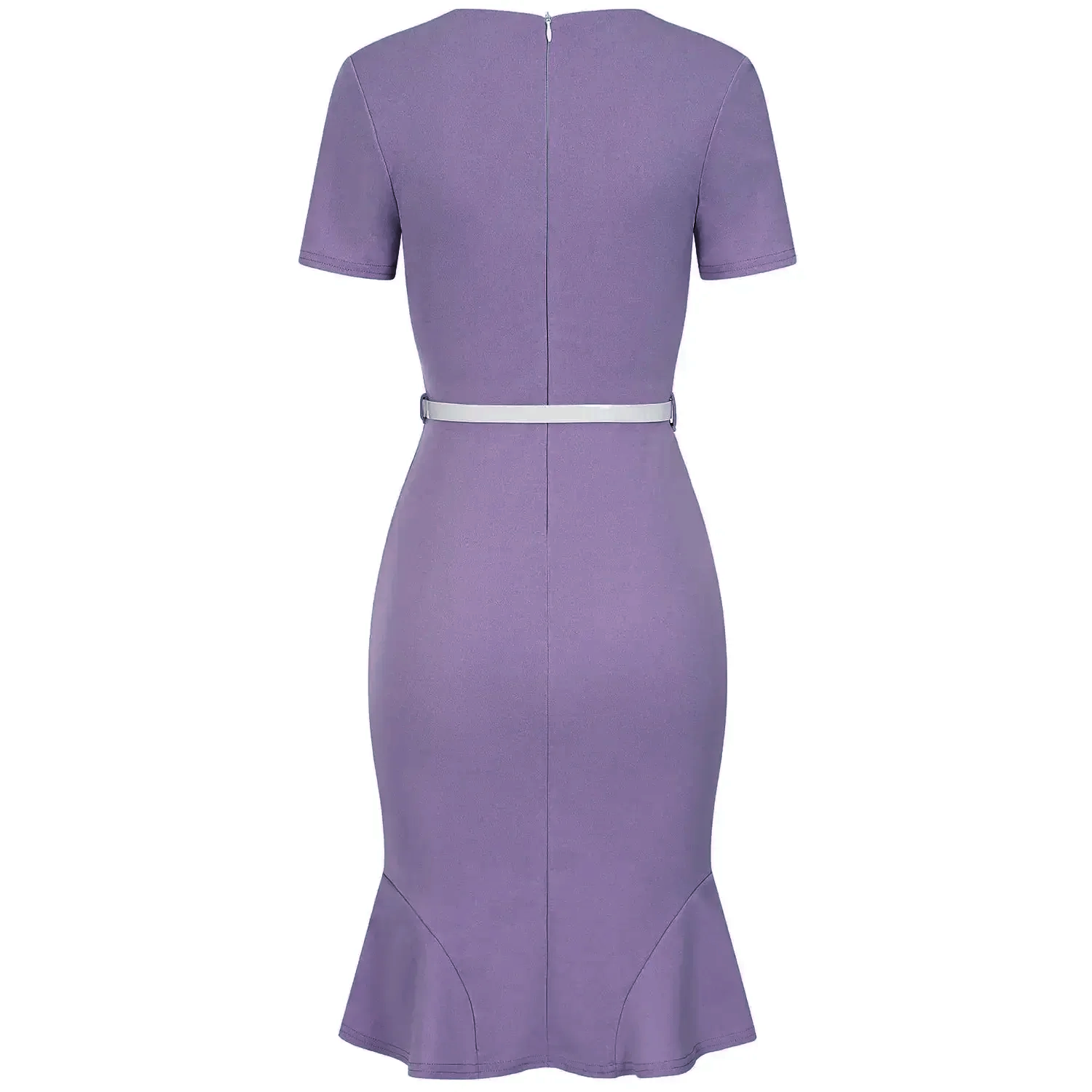 Lilac Pleated Wrap Top Short Sleeve Pencil Wiggle Dress With Fluted Hem & Belt