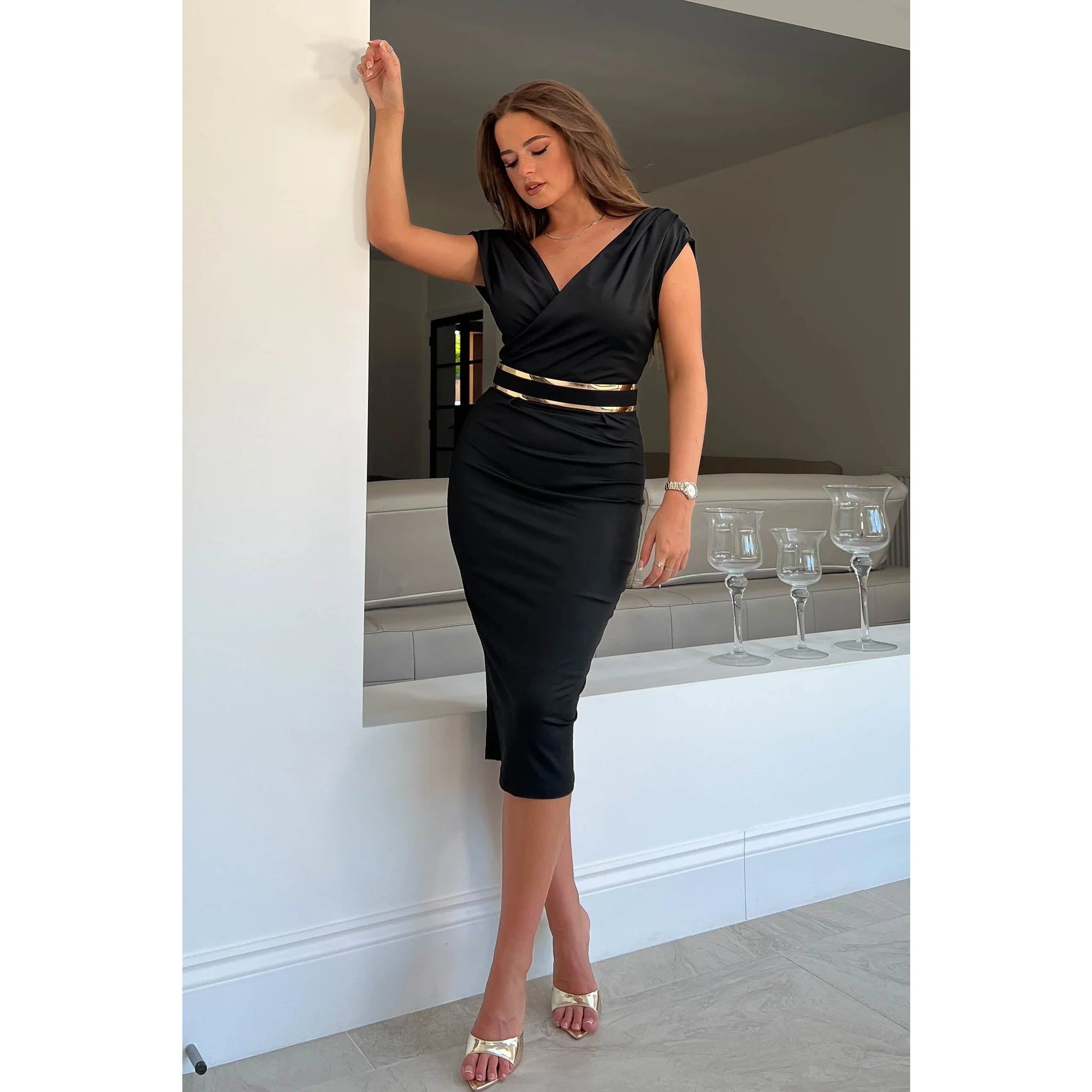 Black Crossover Top Pencil Wiggle Dress With Gold Belt