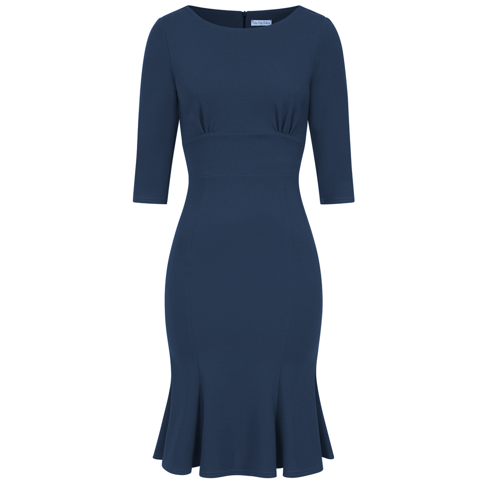 Navy Blue 1940's Vintage 3/4 Sleeve Bodycon Peplum Hem Dress