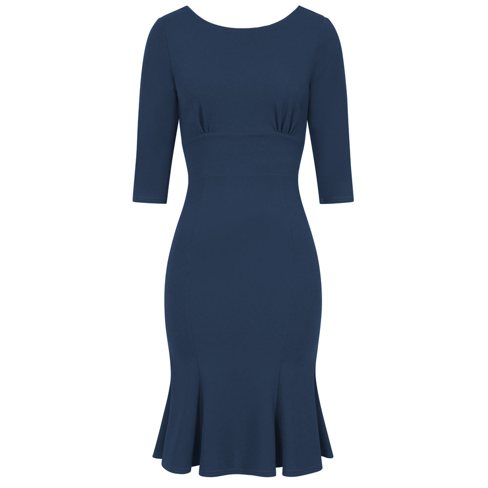 Navy Blue 1940's Vintage 3/4 Sleeve Bodycon Peplum Hem Dress