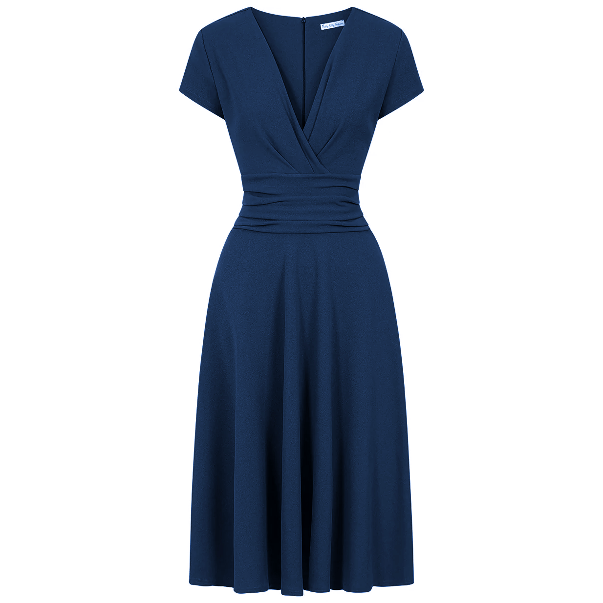 Navy Blue Deep V Neck A Line Vintage Ruched Waist Capped Sleeve Swing Bridesmaid Midi Dress