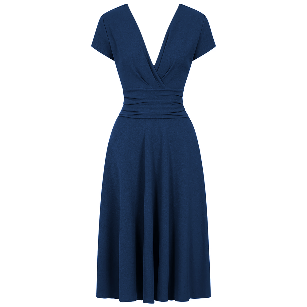 Navy Blue Deep V Neck A Line Vintage Ruched Waist Capped Sleeve Swing Bridesmaid Midi Dress