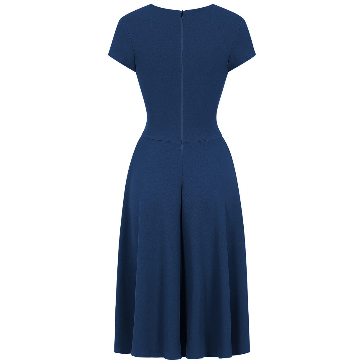 Navy Blue Deep V Neck A Line Vintage Ruched Waist Capped Sleeve Swing Bridesmaid Midi Dress