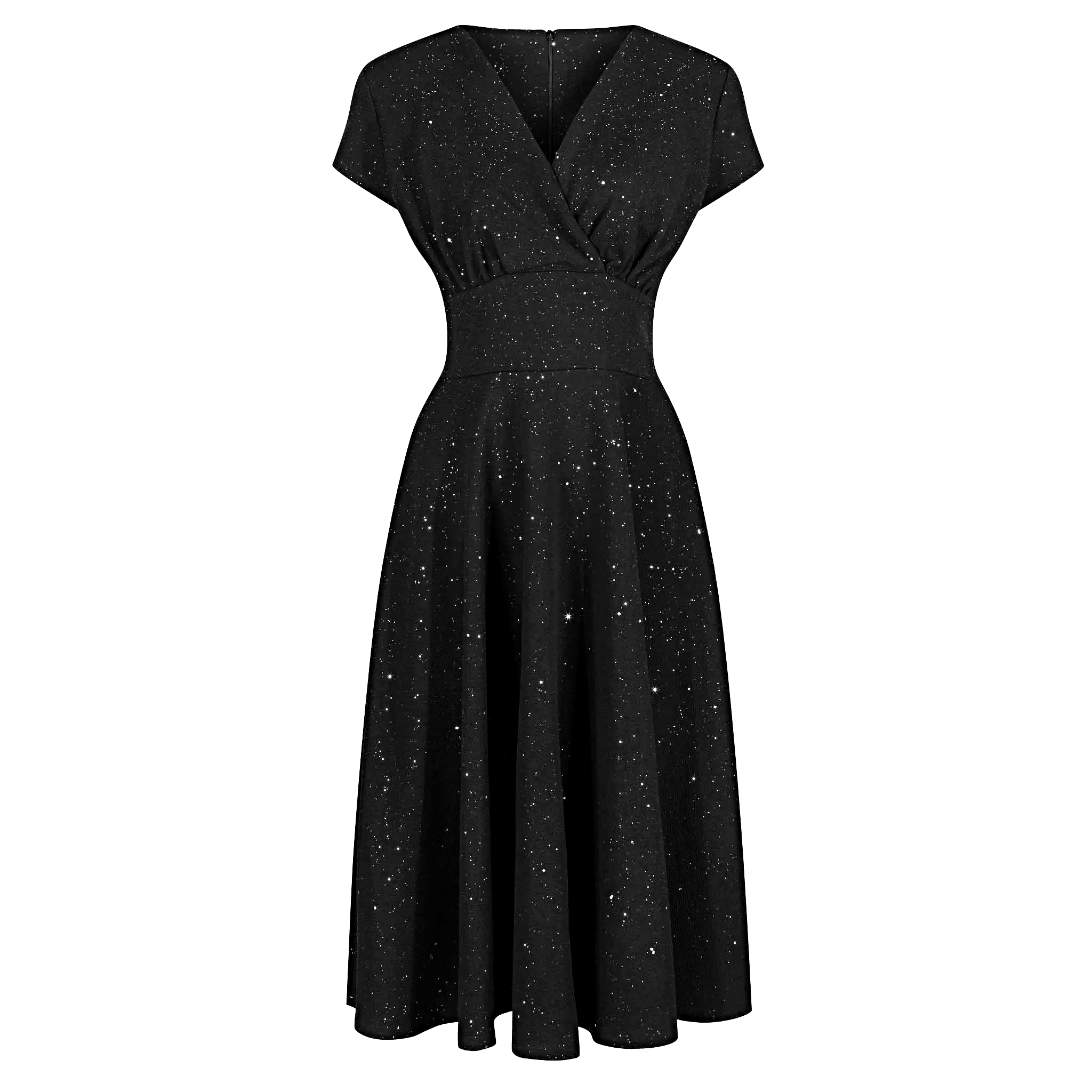 Black Velour Sparkly Glitter A Line Crossover Top Capped Sleeve Party Dress