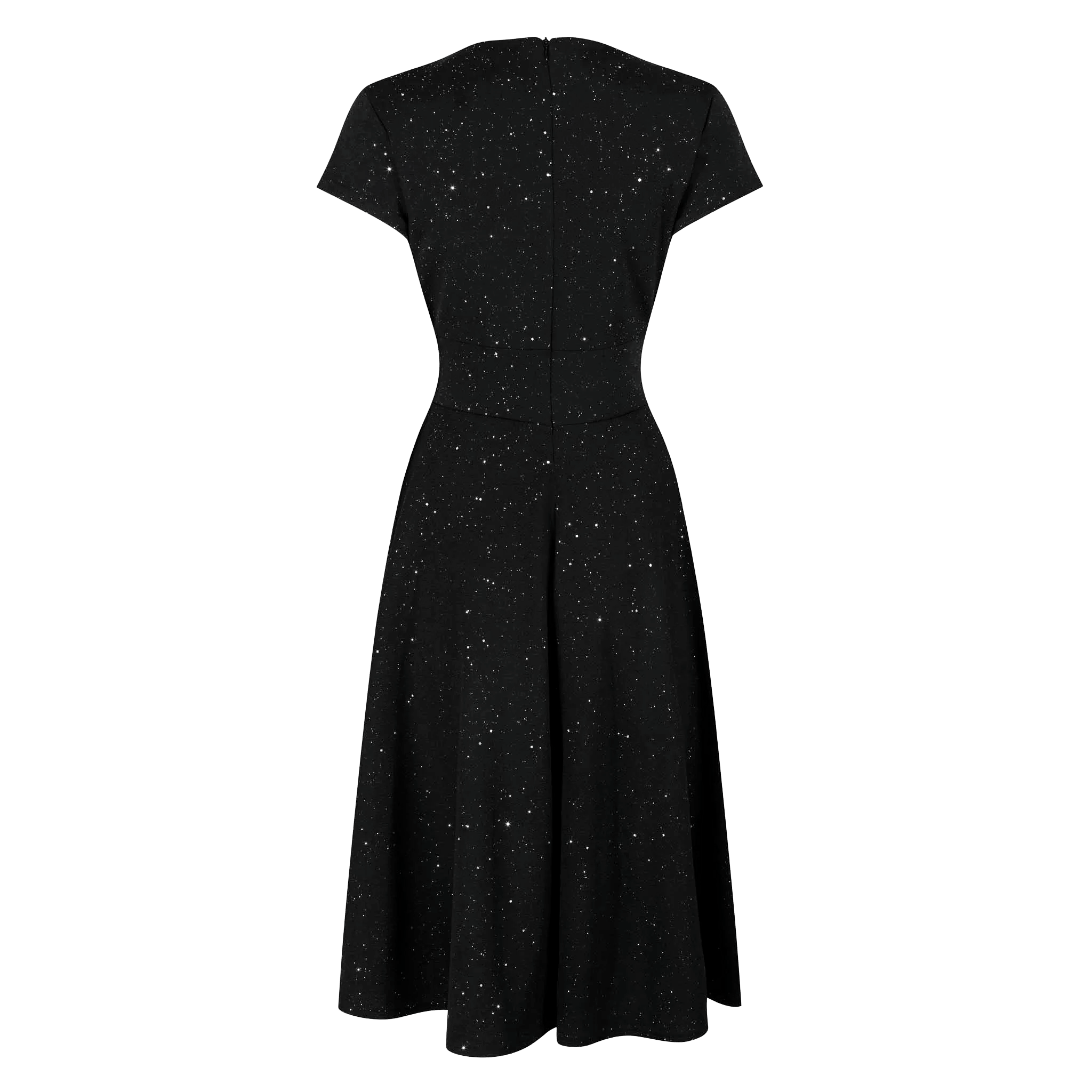 Black Velour Sparkly Glitter A Line Crossover Top Capped Sleeve Party Dress