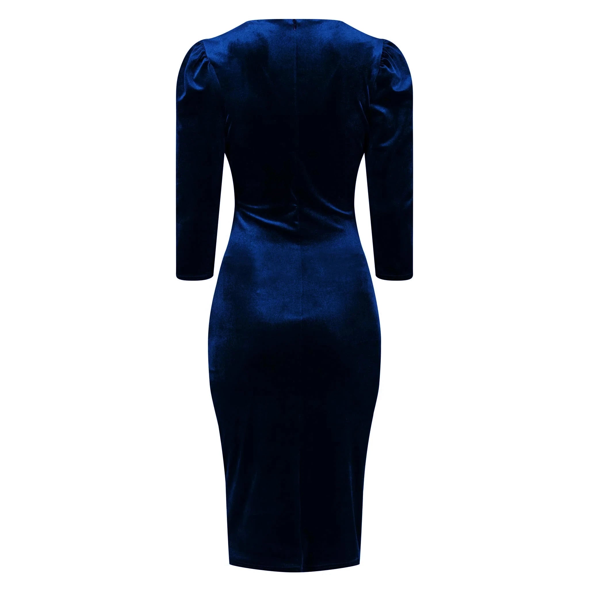 Navy Blue Velour Wrapover 3/4 Sleeve Midi Dress