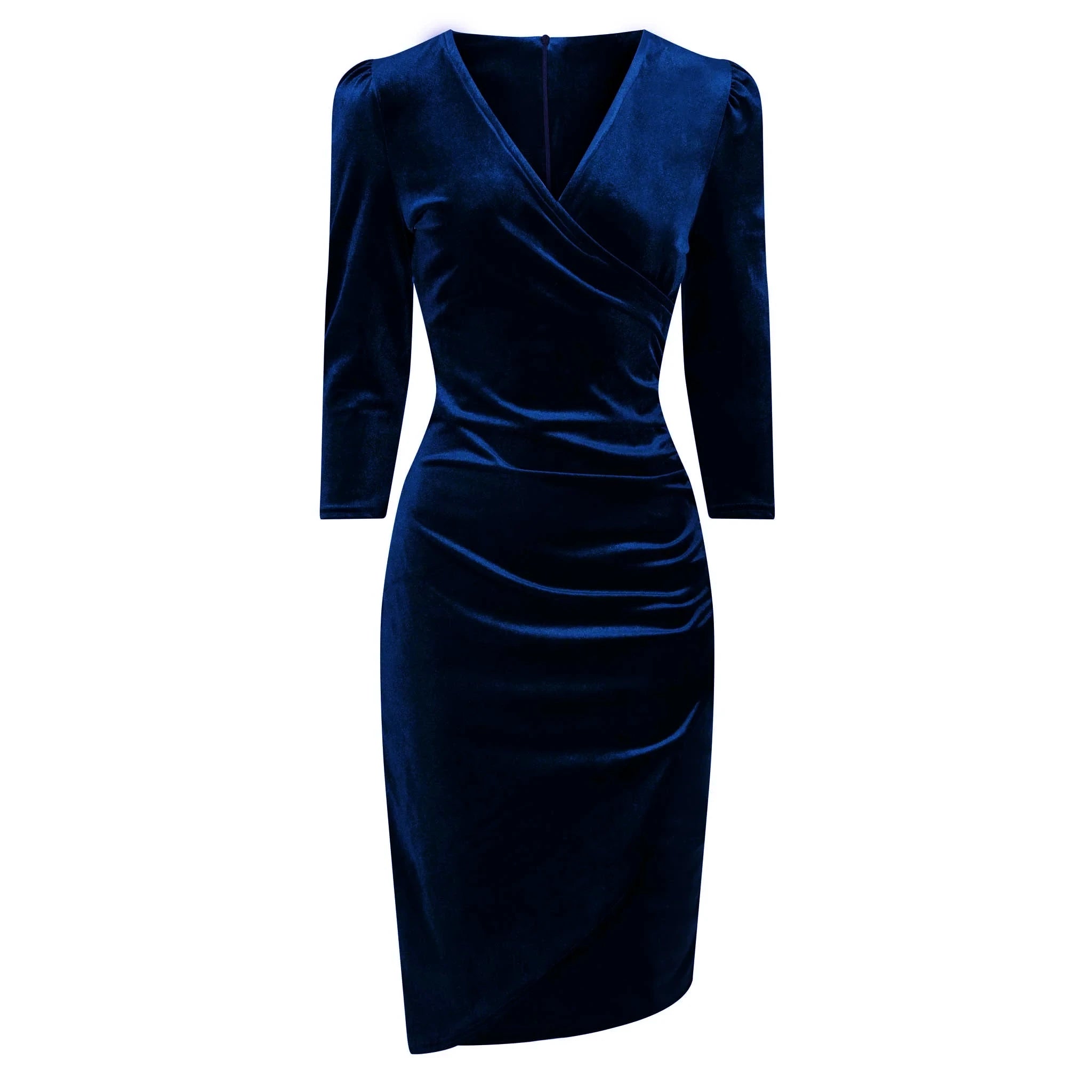Navy Blue Velour Wrapover 3/4 Sleeve Midi Dress
