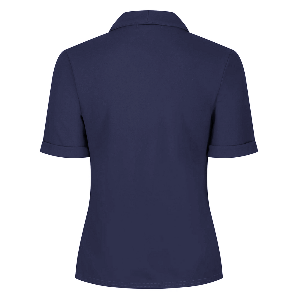 Navy Button-down Short Sleeve Blouse with V-neck Collar