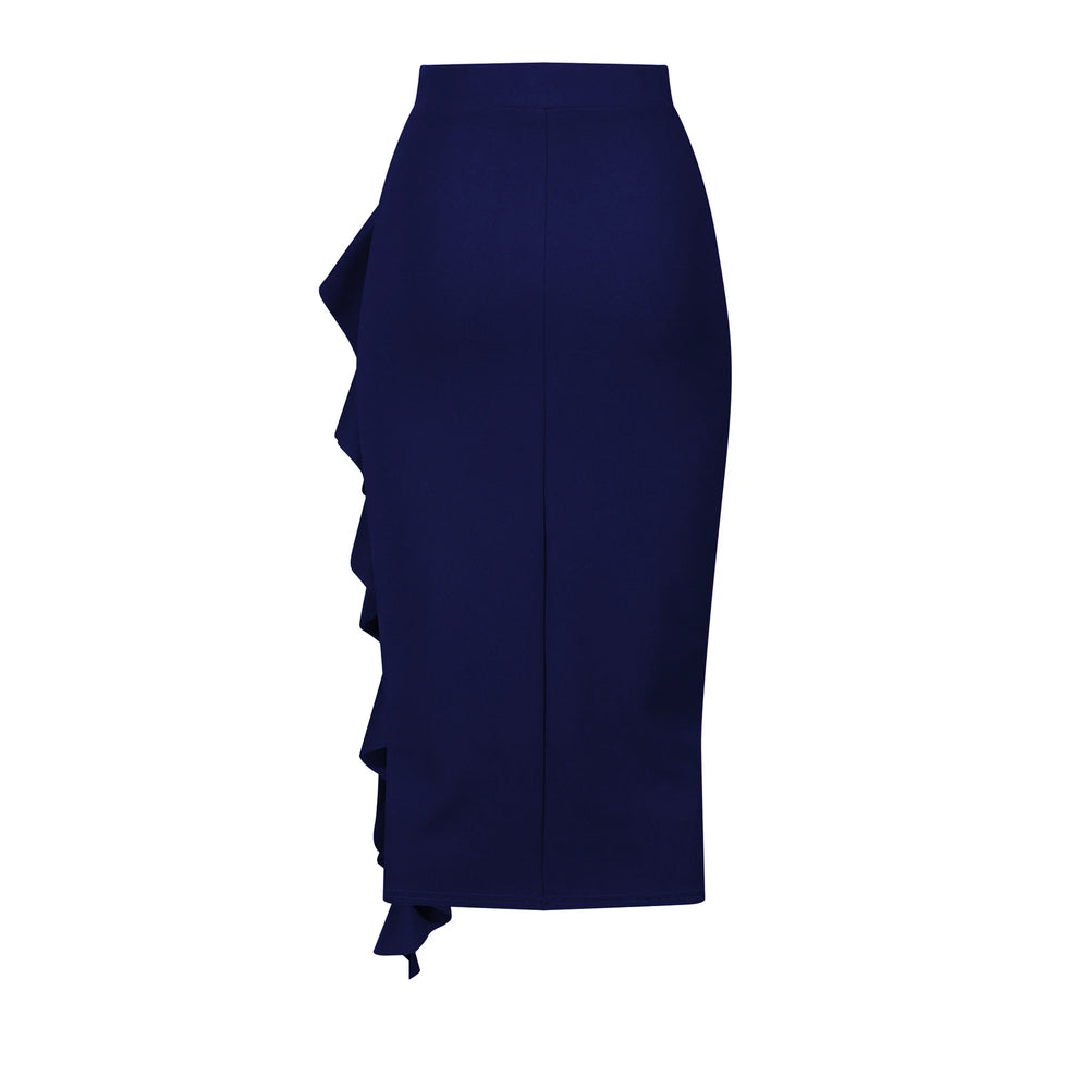 Navy Waterfall Ruffle Pencil Skirt