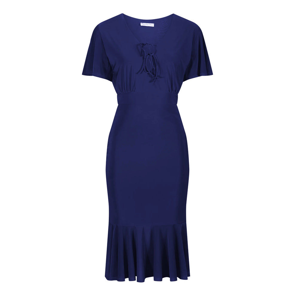 Navy Blue Waterfall Sleeve Tie Bust Peplum Hem Wiggle Dress