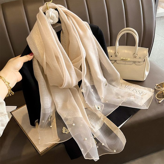 Blush Gold Silk Scarf With Butterflies And Pearls