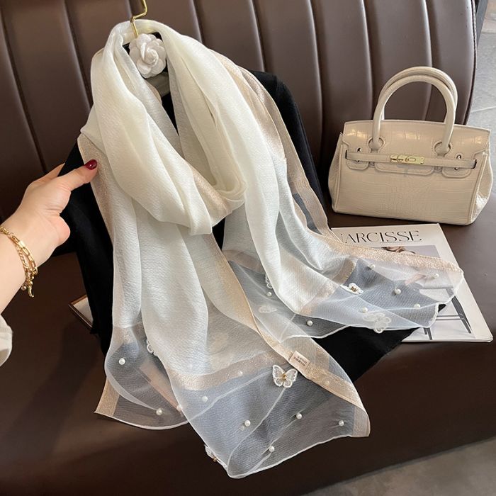 Ivory Silk Scarf With Butterflies And Pearls