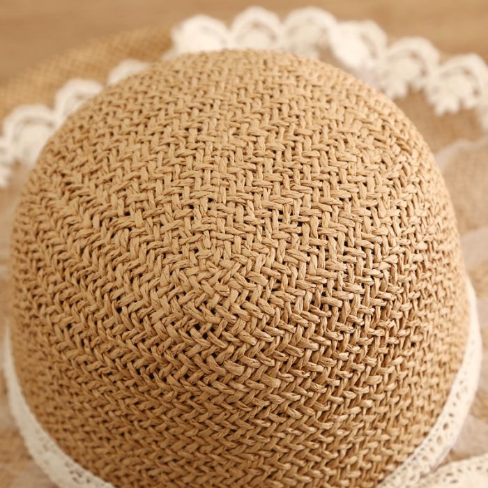 Wide Brim Straw Sun Hat with Delicate Lace Trim