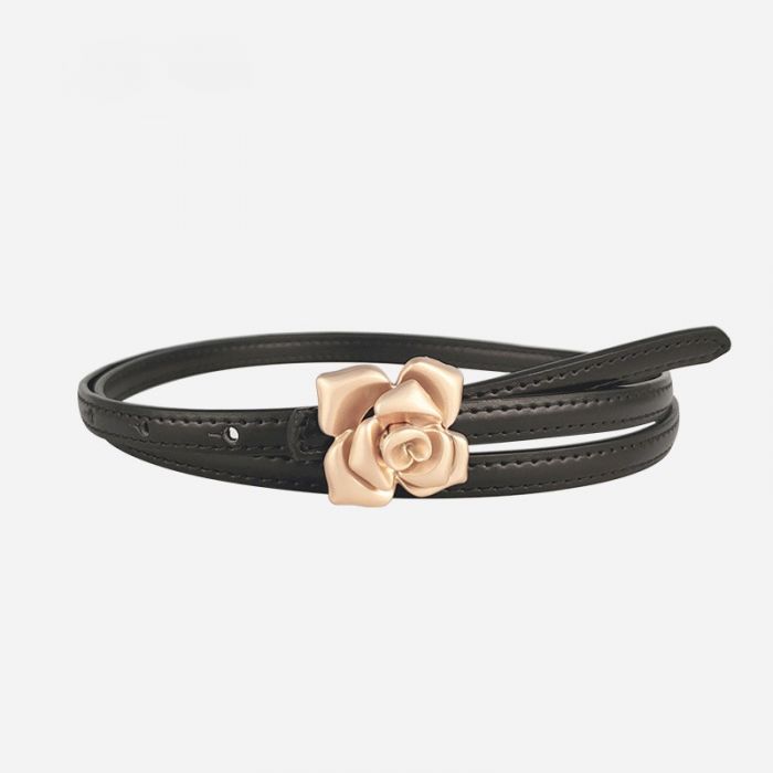 Black Vintage Gold Rose Buckle Skinny Belt