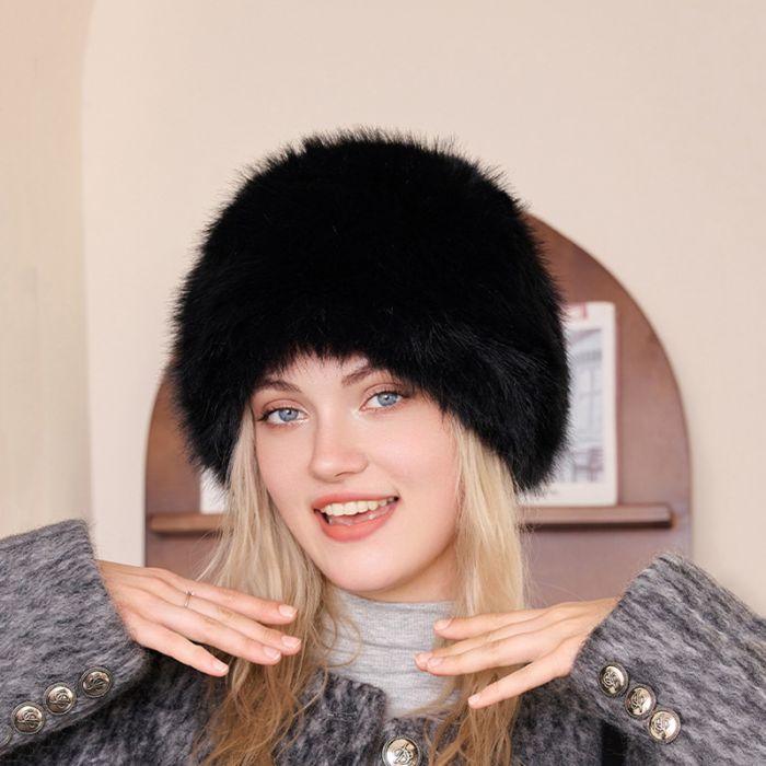 Black Faux Fur Plush Winter Warm Hat
