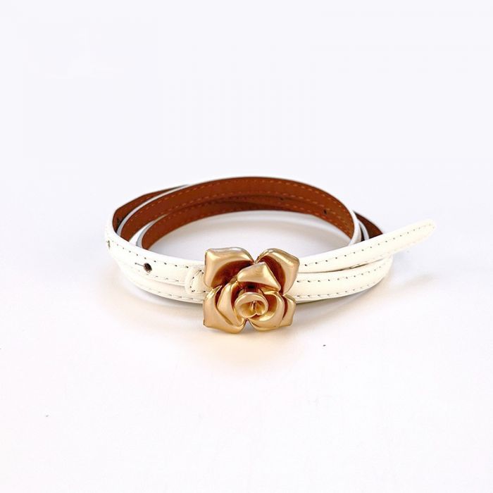 White Vintage Gold Rose Buckle Skinny Belt