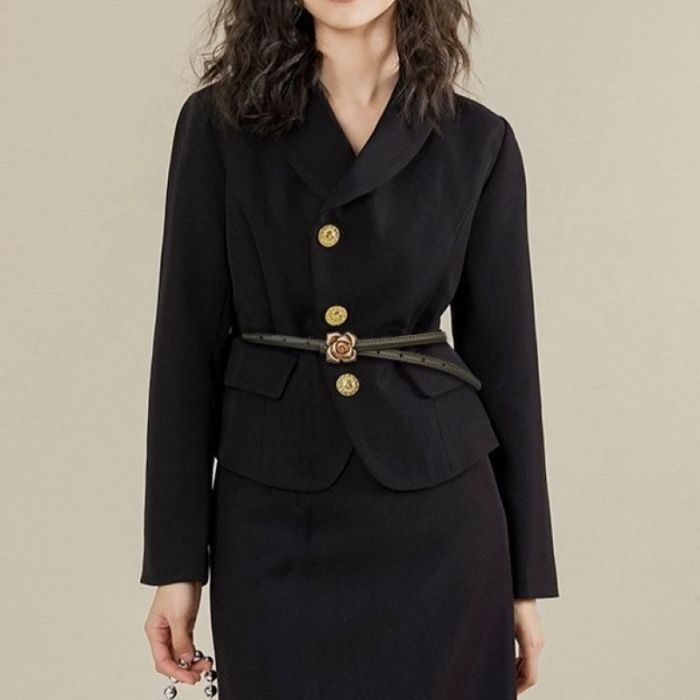 Black Vintage Gold Rose Buckle Skinny Belt