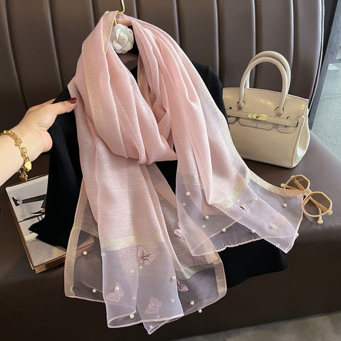 Pink Silk Scarf With Butterflies And Pearls