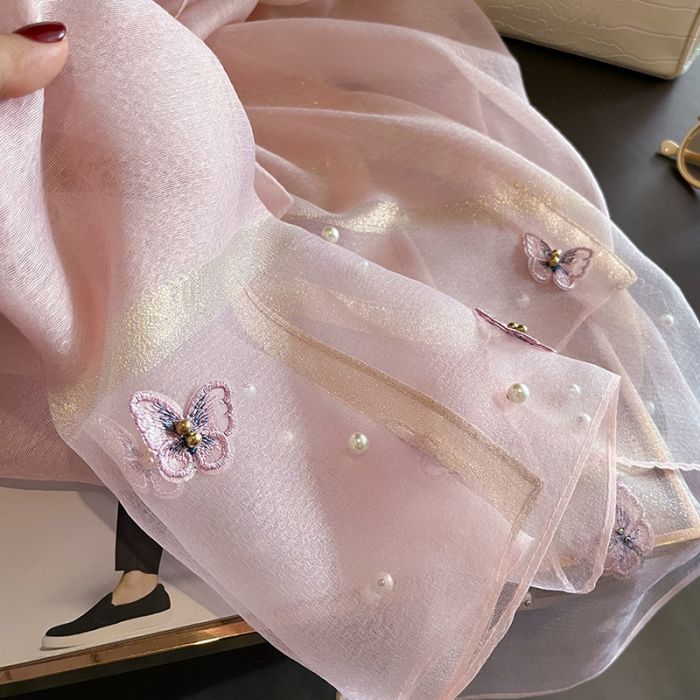 Pink Silk Scarf With Butterflies And Pearls