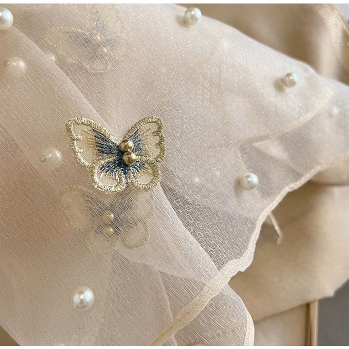 Ivory Silk Scarf With Butterflies And Pearls