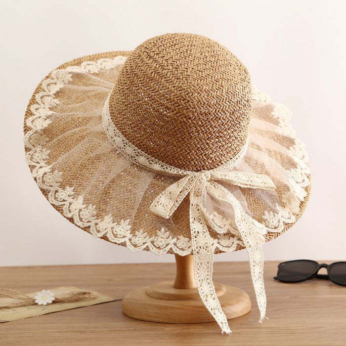 Wide Brim Straw Sun Hat with Delicate Lace Trim