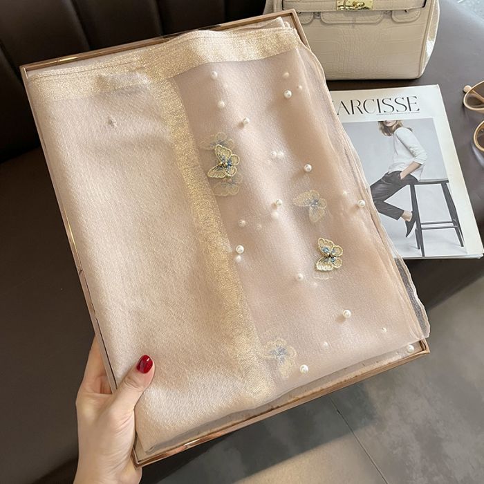 Blush Gold Silk Scarf With Butterflies And Pearls