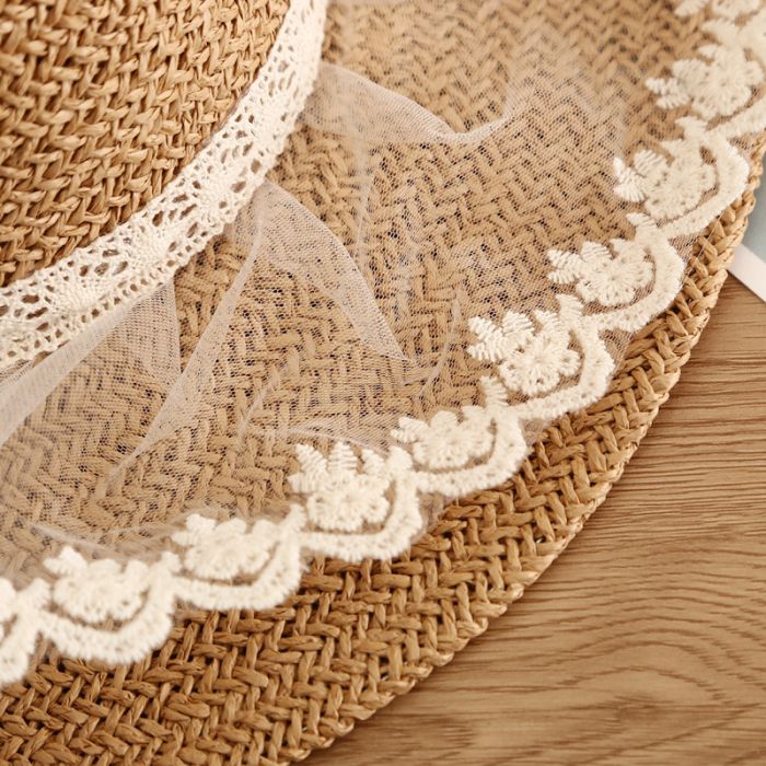 Wide Brim Straw Sun Hat with Delicate Lace Trim