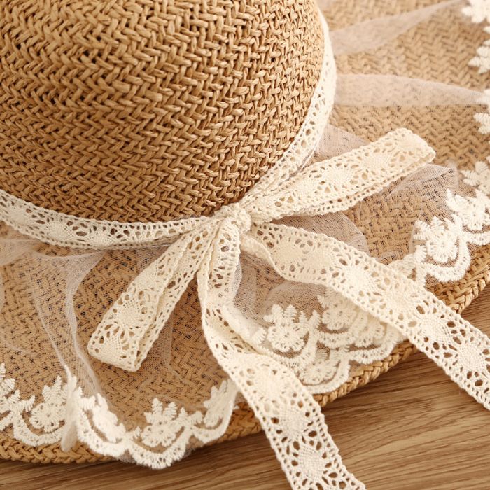 Wide Brim Straw Sun Hat with Delicate Lace Trim