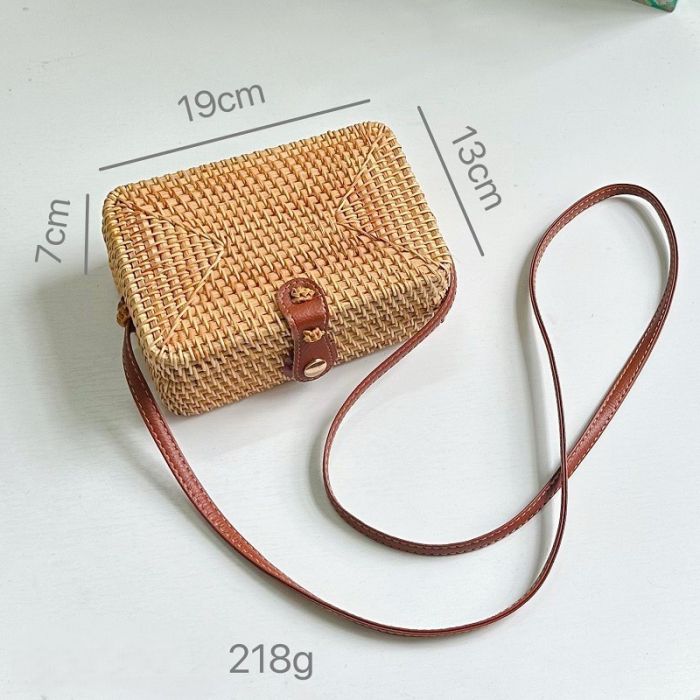 Plain Rectangular Rattan Woven Shoulder Bag in Natural
