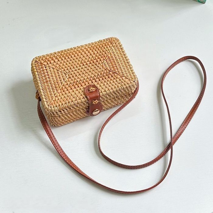 Plain Rectangular Rattan Woven Shoulder Bag in Natural