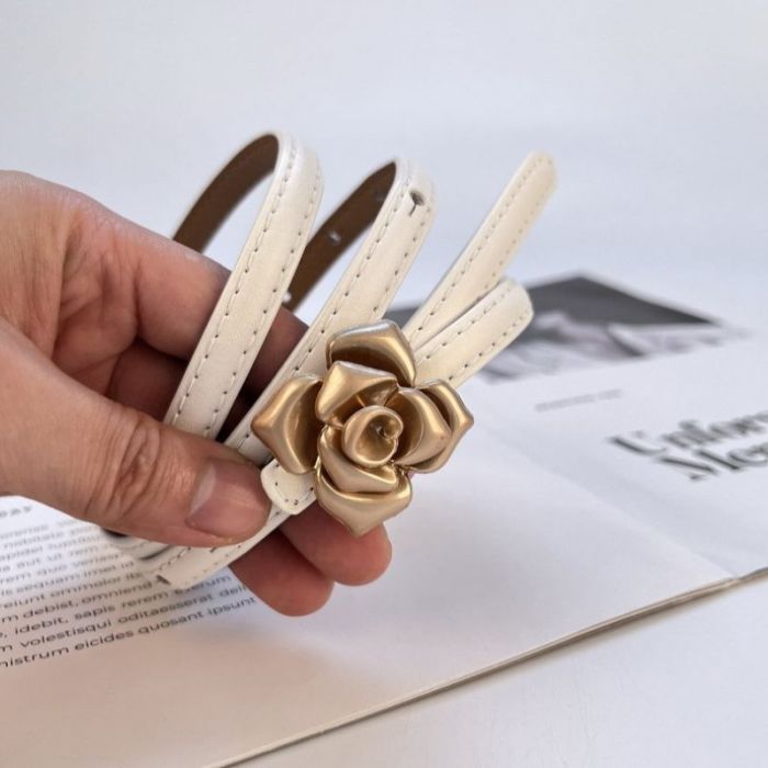 White Vintage Gold Rose Buckle Skinny Belt