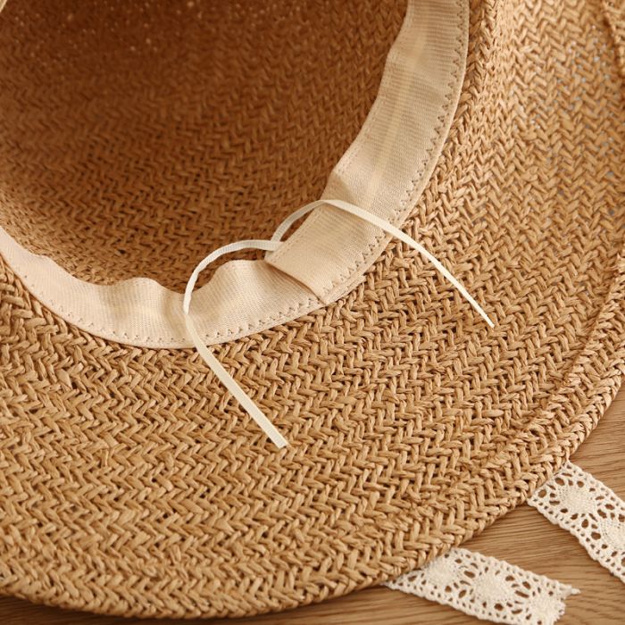 Wide Brim Straw Sun Hat with Delicate Lace Trim