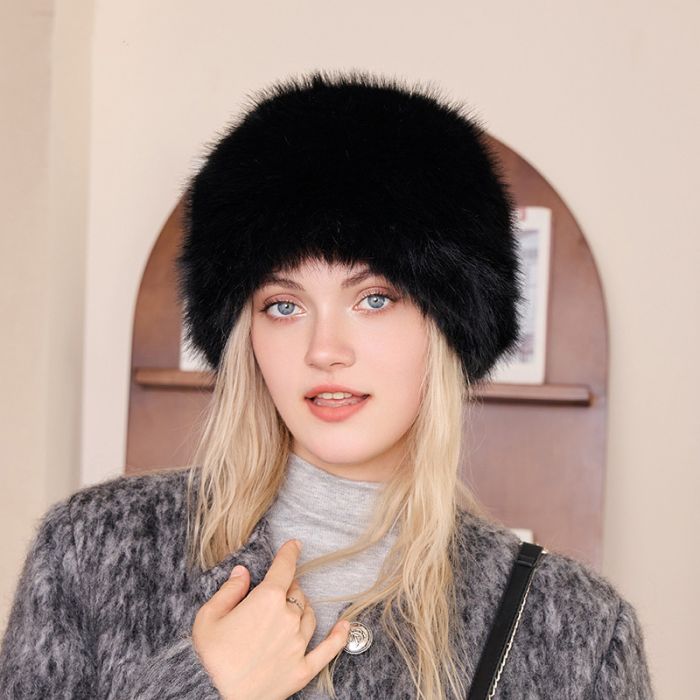 Black Faux Fur Plush Winter Warm Hat